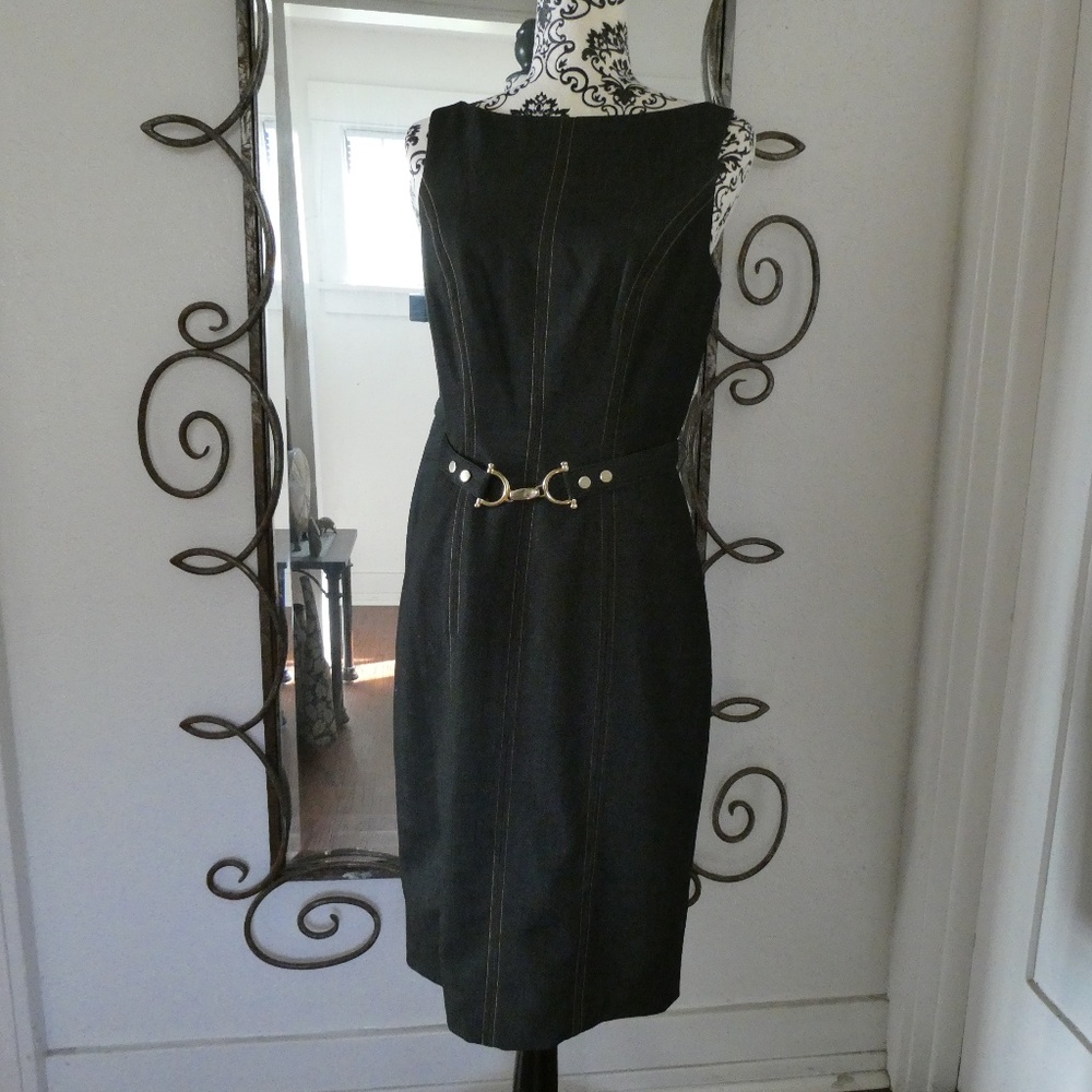 Black Denim Fitted Belted Dress